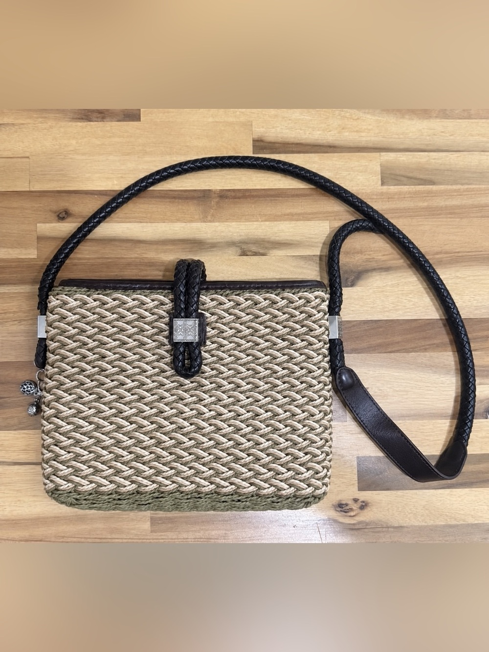 Brighton vintage woven jute and straw shoulder / crossbody bag nuetral and olive